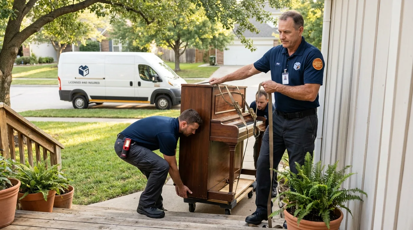 Licensed piano movers securing grand piano in Prairie du Chien, WI