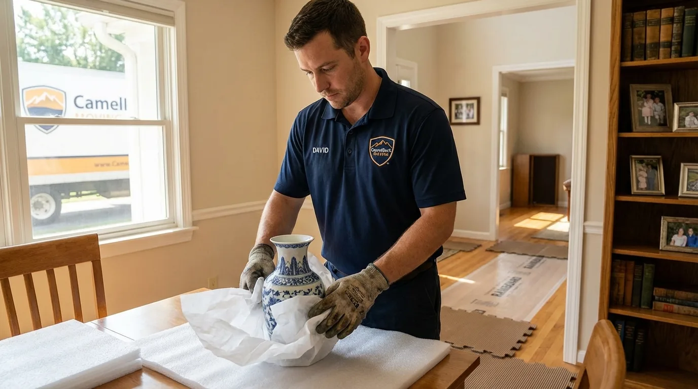 Professional crew carefully wrapping antique vase for senior downsizing move in Prairie du Chien, WI